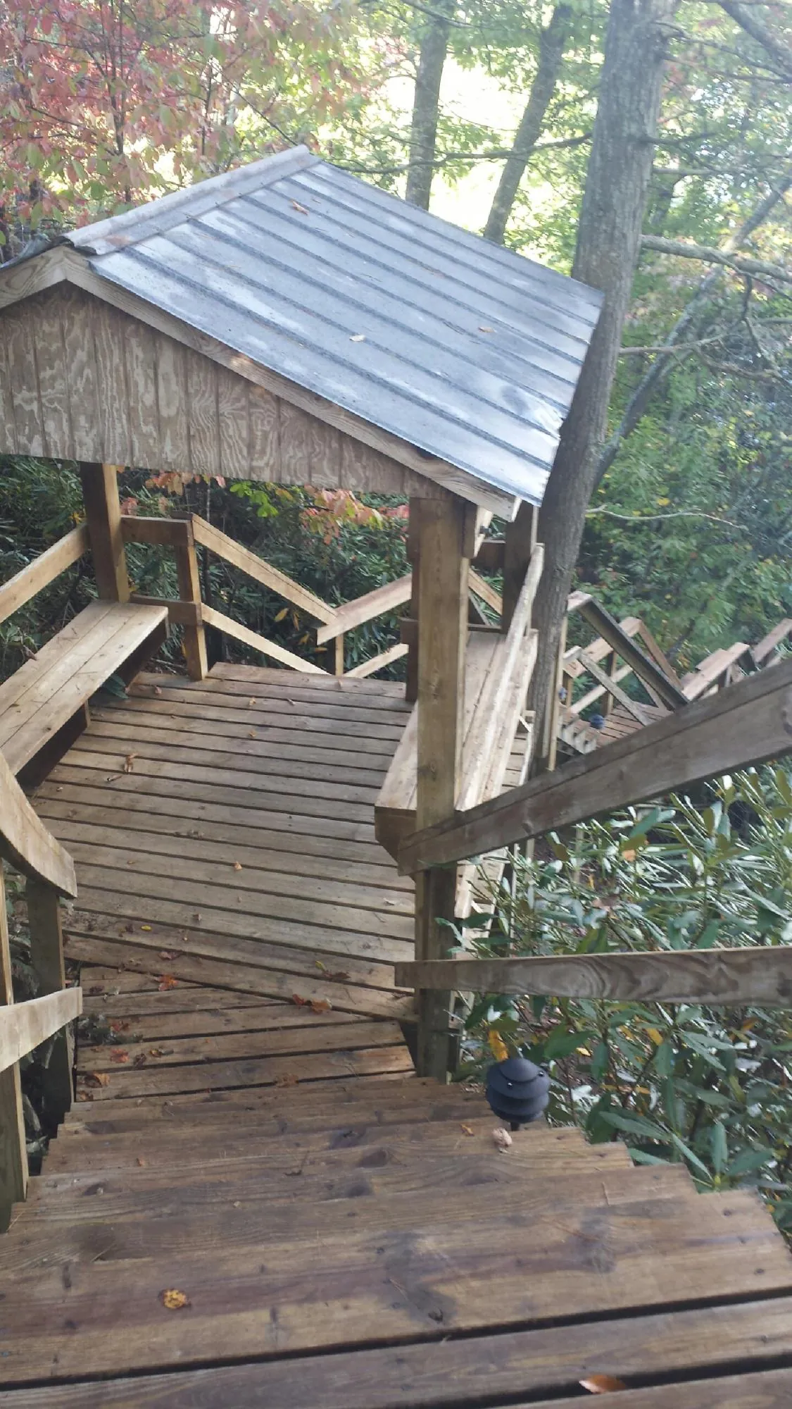 Metal roofed shelter over wooden steps on a wooded walkway — Skylight Repair & Installation work by our crew in Nine Mile Falls